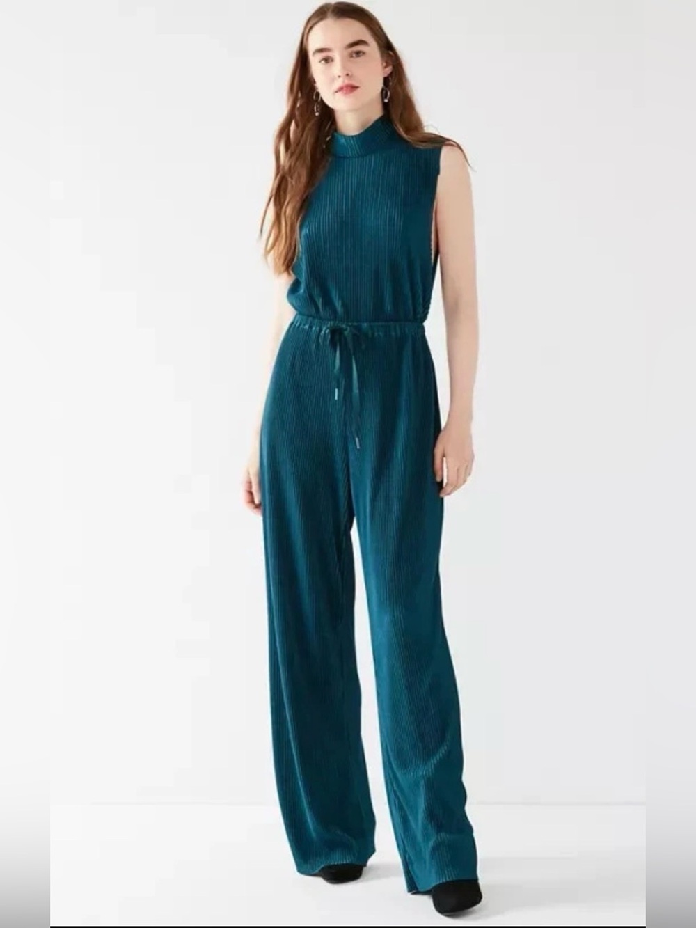 Urban Outfitters Eliza Women's Medium Teal Pleated Wide Leg Jumpsuit Chic Luxury
